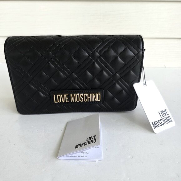 NWT Love Moschino Shiny Quilted chain strap black crossbody bag or clutch - Picture 12 of 12